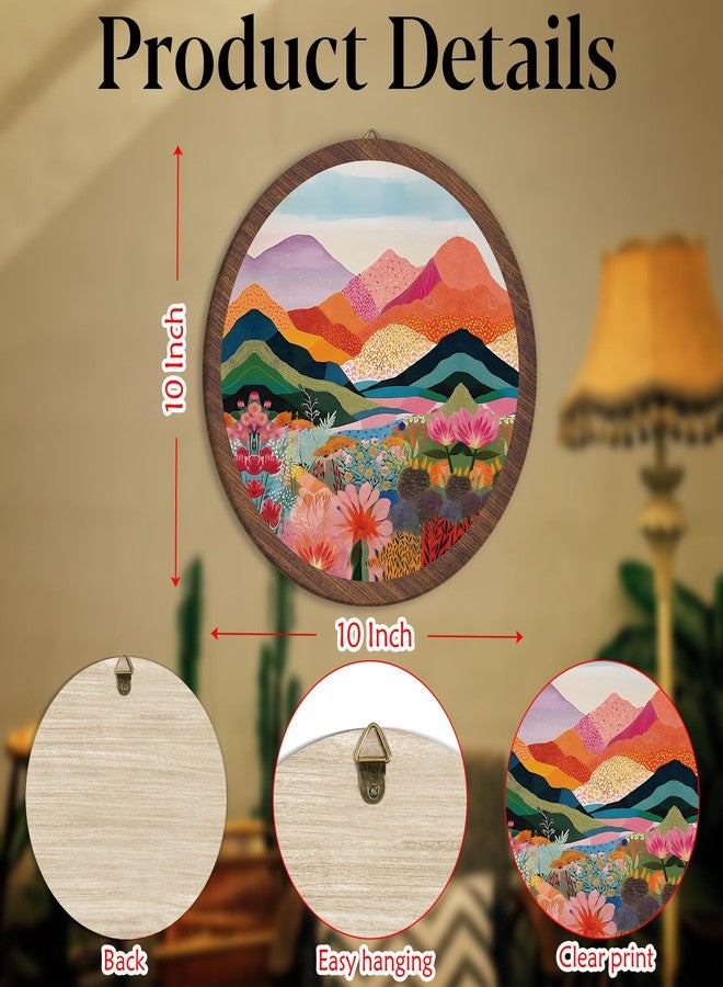 Xeqej Boho Colorful Landscape Hanging Wall Decor, Abstract Mountain Round Wooden Wall Art, Nature Floral Western Boho Decorations for Aesthetic Apartment Home Living Room Bedroom Bathroom Kitchen Office, 16 - Image 2